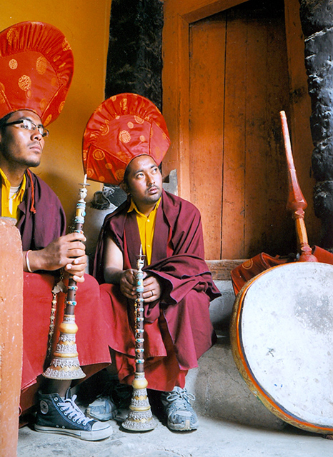 Photo of Monk musicians at a remote Lamayuru Gompa in Jammu Region of India